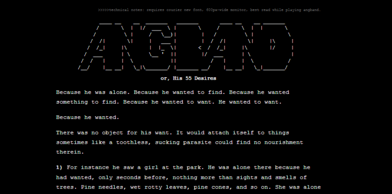 11 Thoughts about the Internet and Mike Meginnis’s “Angband, or His 55 Desires”