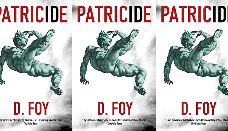 Book cover of Patricide by D. Foy with a green statue leaning backwards in the center, repeated three times.