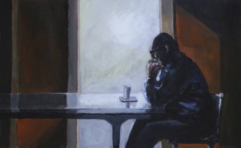 grief painting: man sitting sadly by window 
