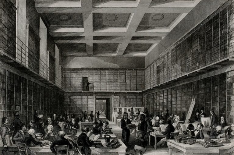 Old drawing of people in a library sitting at tables