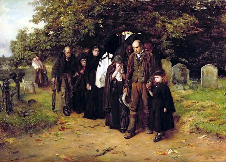 Painting of a family dressed in black at a cemetary.