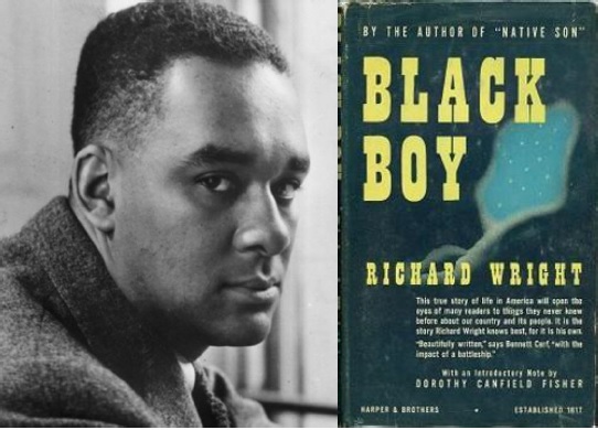 On the left is a man posing for the camera. On the right is the book cover for Black Boy by Richard Wright with some blue abstract art.
