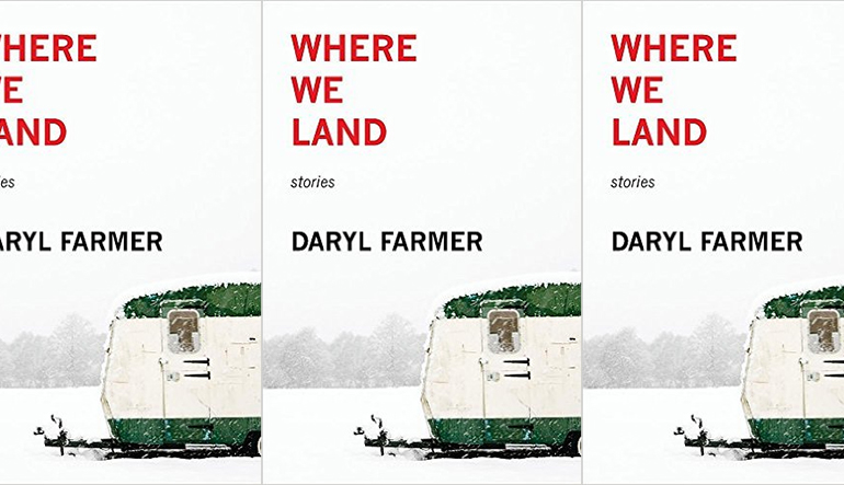 Book cover for Where we Land by Daryl Farmer repeating three times. The cover is a snowy landscape with a green and white RV.