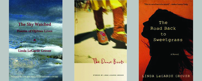 Three book covers titled "The Sky Watched," "The Dance Boots," and "The Road Back to Sweetgrass."