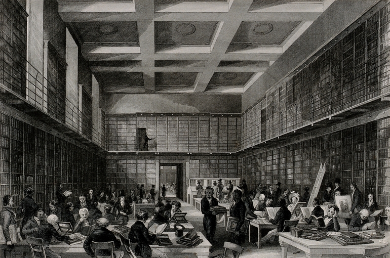 Old drawing of people in a library sitting at tables and learning.