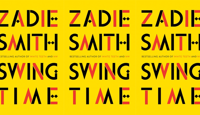 Yellow book cover repeating three times with the text "Zadie Smith Swing Time" in red and black lettering.