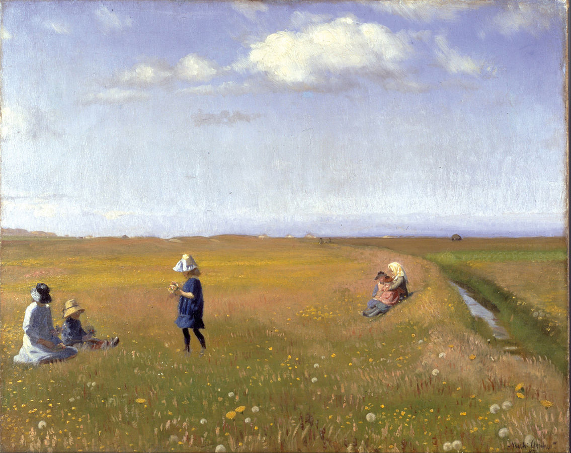 Painting of woman and young girls picking flowers in a field.