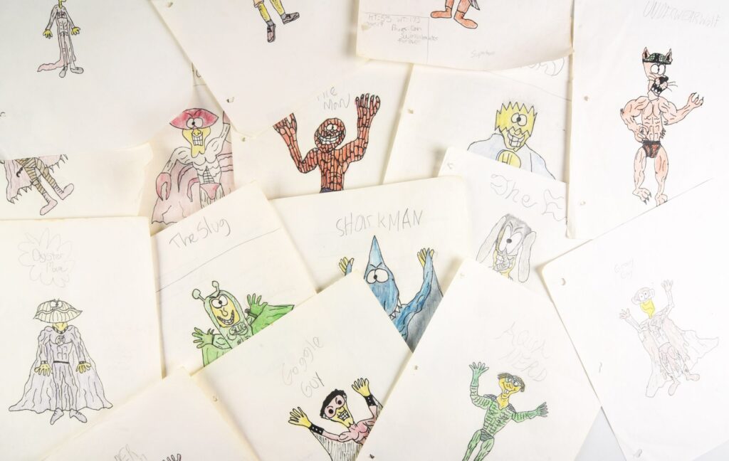 Cartoon drawings of monsters.