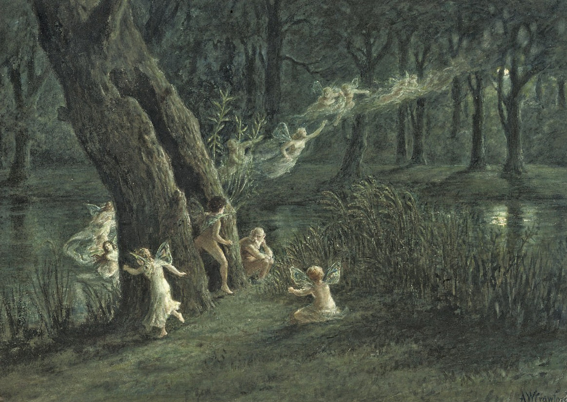 Woodland fairies gathered by a lake.