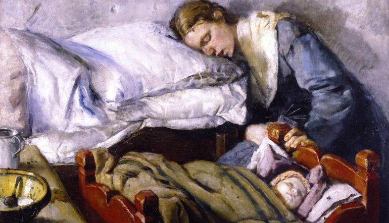 Painting of woman resting her head on a pillow next to a baby sleeping in a small bed.