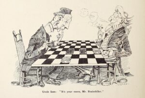 Cartoon drawing of two men playing checkers and smoking.