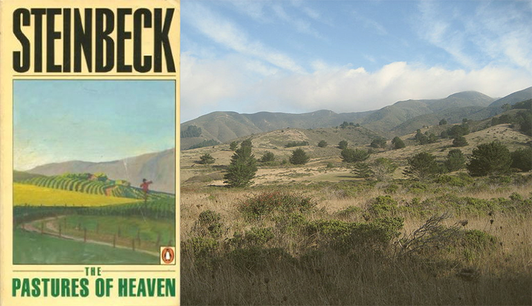 Book cover of "The Pastures of Heaven" by Steinbeck, showing farmland. On the right is a real picture of farmland.
