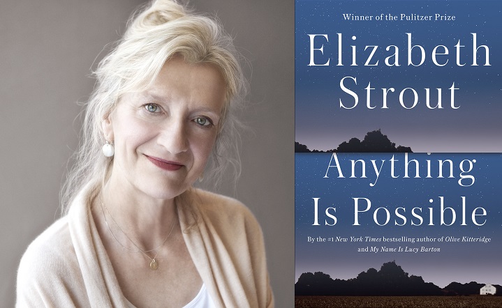 Older woman in a cardigan posing for the camera on the left, and book cover for "Anything is Possible" by Elizabeth Strout on the right. The book cover is a blue and purple gradient with mountains silhouetted against the sky.