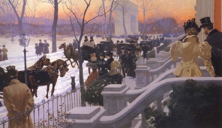 Painting of people waiting for horse-drawn carriages in the snow.