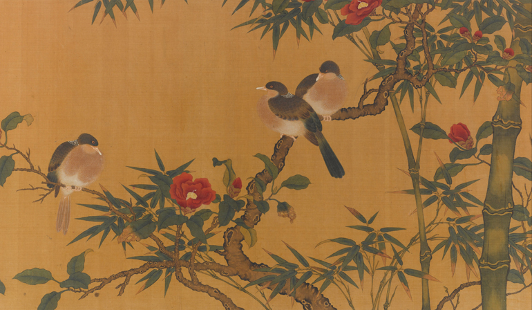 Painting of birds sitting on tree branches with green leaves and red flowers.