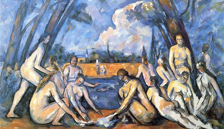 Painting of naked bodies sitting around a pond.