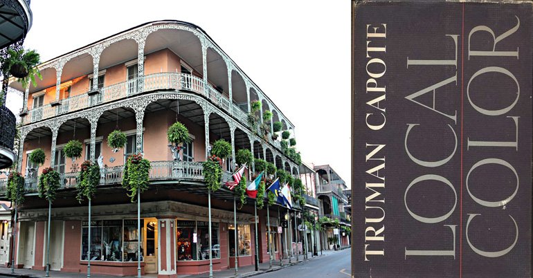 Large orange building with multiple flags hanging from it on the left, and text reading "Truman Capote Local Color" on the right.