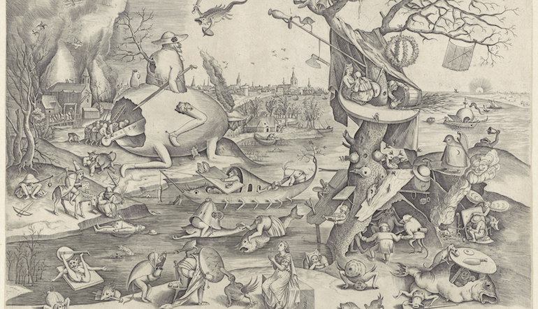 Old drawing of various creatures at a lake.