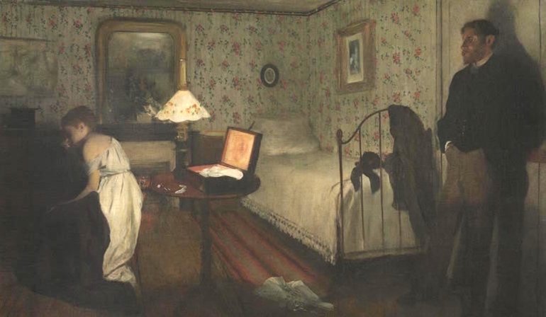Painting of a man watching a woman in a victorian style bedroom.