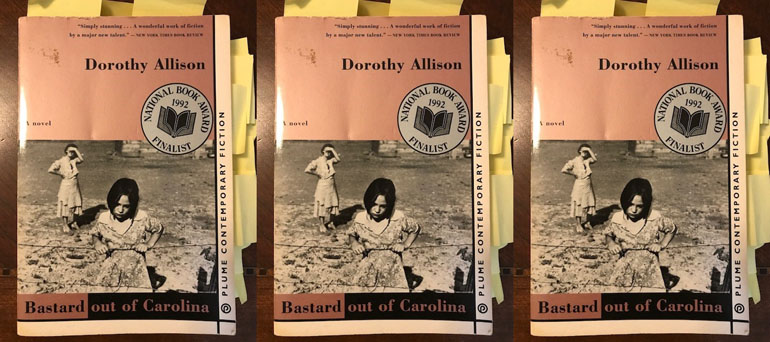 Book cover for "Bastard out of Carolina" by Dorothy Allison. The cover shows a black and white photo of two women in a dusty landscape.