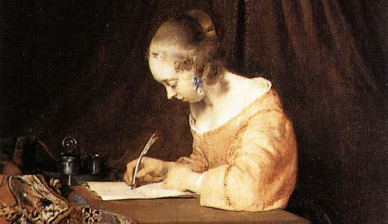 Old painting of a woman in a dress writing with a quill.