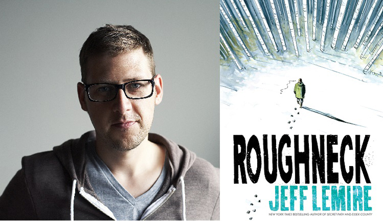 Person wearing glasses posing for the camera on the left. Book cover for "Roughneck" by Jeff Lemire on the right. On the cover a person walks through the snow leaving behind footprints.