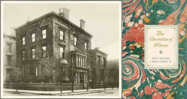 Old building on the left, and cover for "The Decoration of Houses" on the right. The cover has abstract green and red art.