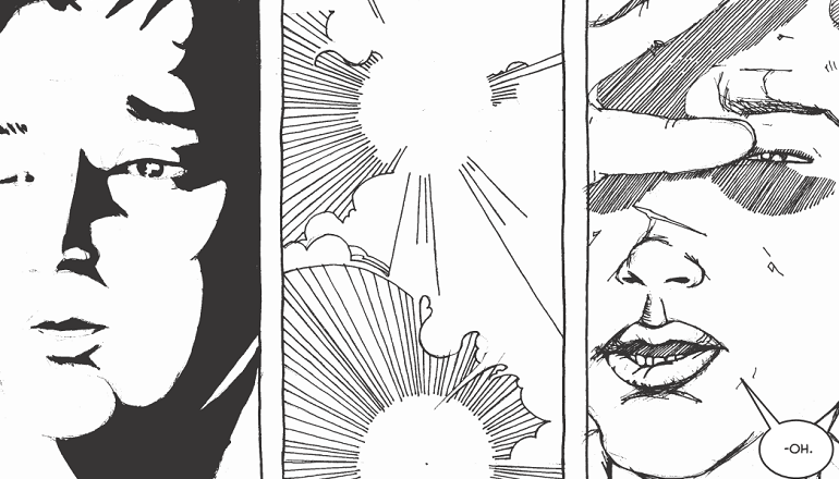 Cartoon panels showing black and white faces and an explosion in between.