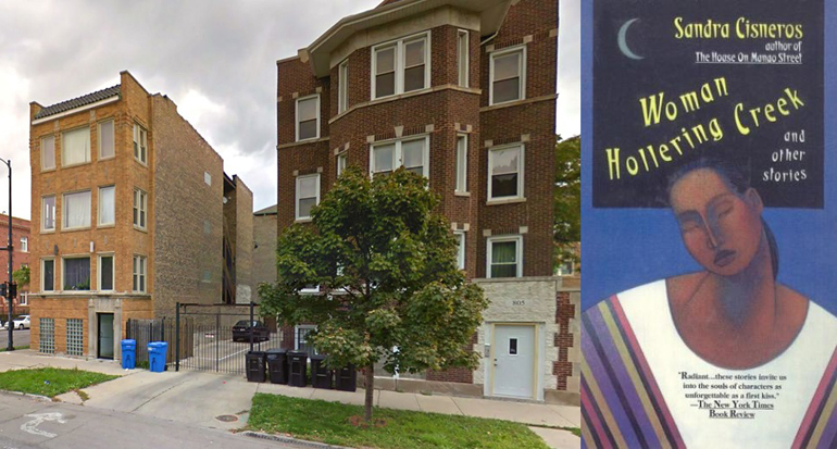 Two brown brick buildings on the left, and book cover for "Woman Hollering Creek" by Sandra Cisneros on the left.