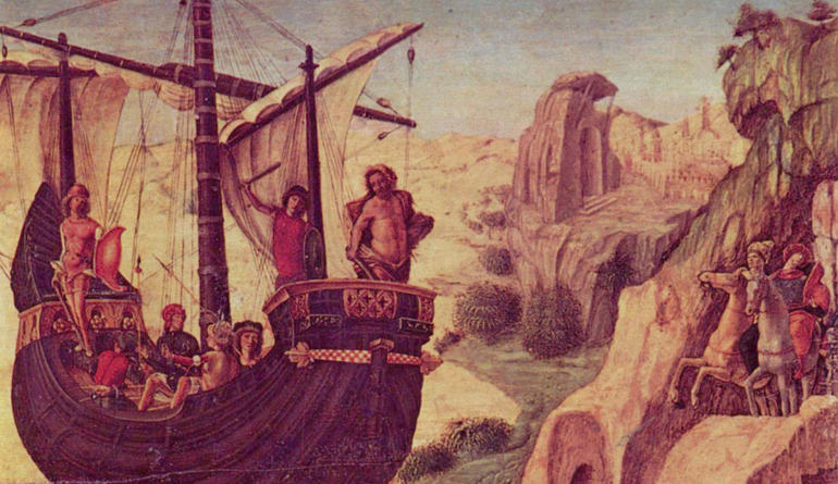 Painting of several people on a boat sailing towards a rocky cliff.