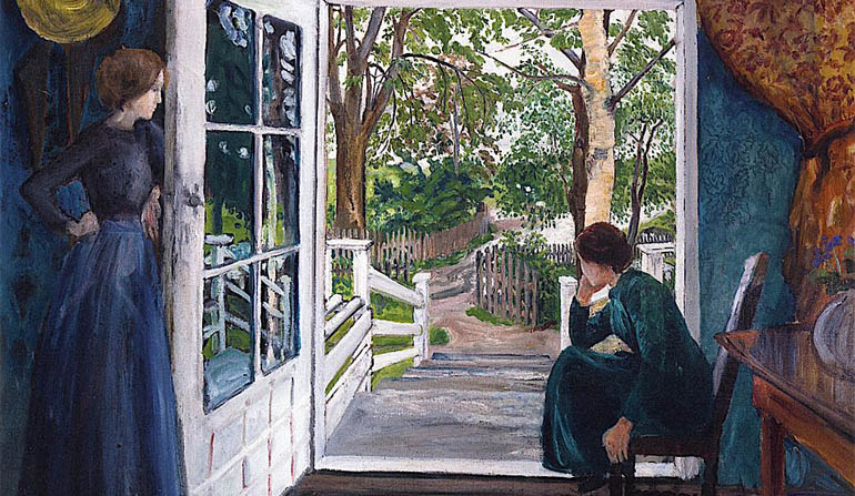 Painting of a woman sitting beside a door and another woman standing across from her.
