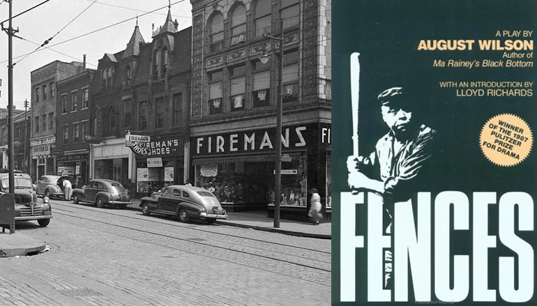 On the left is a photo of a city street with old cars parked on the sides of the road. On the right is the cover for "Fences" by August Wilson, with a man holding a baseball bat above the text.