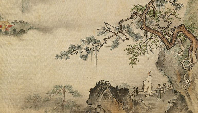 Painting of a man standing at the end of a cliff with fog in the background.