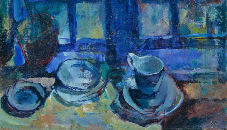 Painting of blue dishes on a counter.