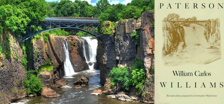 On the left is a waterfall with a bridge in front of it. On the right is the book cover for "Paterson" by William Carlos Williams which has a drawing of the same waterfall.