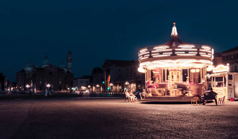 Shining carousel at night.