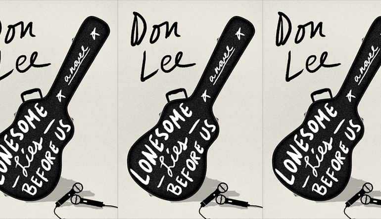Book cover for "Lonesome Lies Before Us" by Don Lee. A black guitar case holds the title text and two microphones sit beside it.