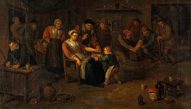 Painting of several people sitting in a room. A child brings a woman sitting in a chair a bowl of soup.