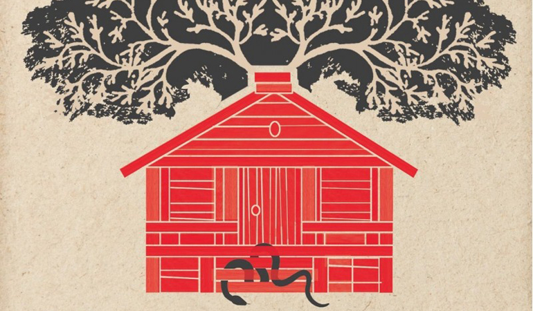 Drawing of a red house with a tree growing out of the top and a snake woven through the front steps.