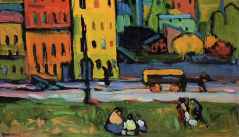 Abstract art of people sitting in a park with city buildings in the background.
