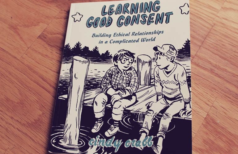 Book cover for "Learning Good Consent" by Cindy Crall. Two cartoon boys sit on a boat dock underneath the title.