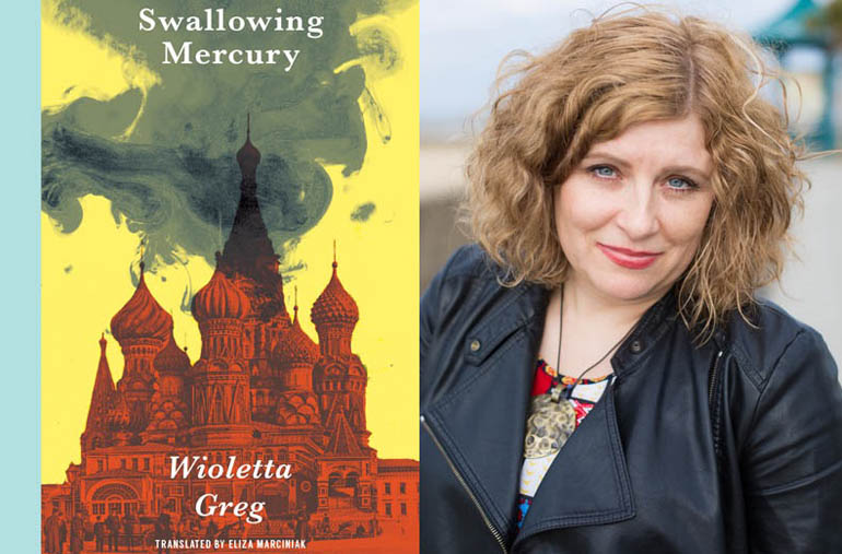 On the left is the book cover for "Swallowing Mercury" by Wioletta Greg, with a large red building covered in smoke at the top. On the right is a photograph of a woman in a leather jacket posing for the camera.