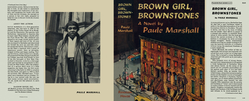 Book jacket for "Brown Girl, Brownstones" on the left is an image of a person posing for the camera in front of steps, and on the right is the book cover which is a city street corner of brownstone houses.