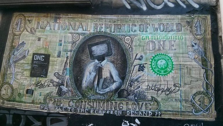 Drawn dollar bill with various sketches replacing the uniform symbols.