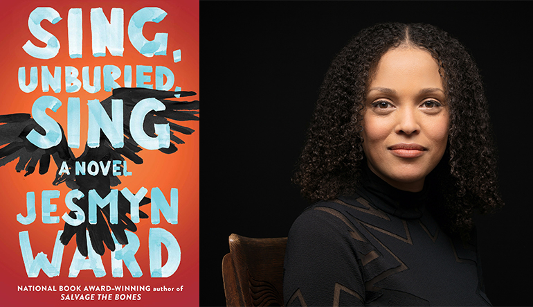 On the left is the book cover for "Sing, Unburied, Sing" by Jesmyn Ward which has a flying bird behind the text. On the right is a picture of a woman with dark curly hair posing for the camera.