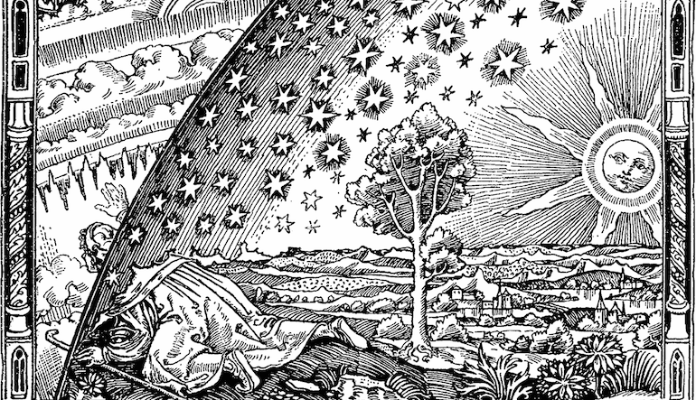 Drawing of various elements including a large sun, stars, a tree, and a village.