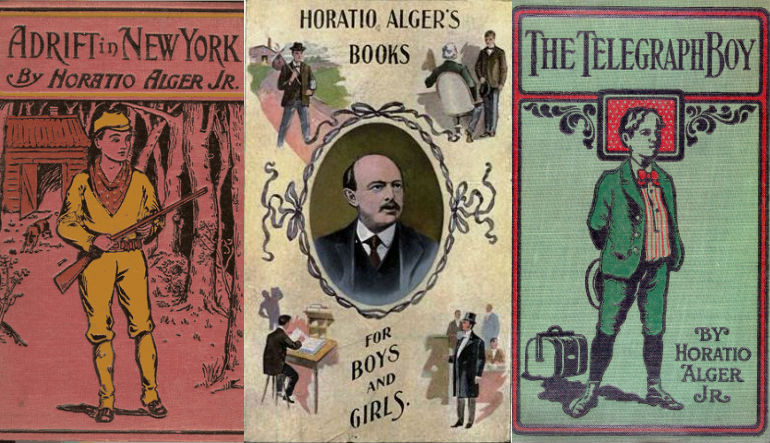 Old book covers depicting cartoon drawings of men.