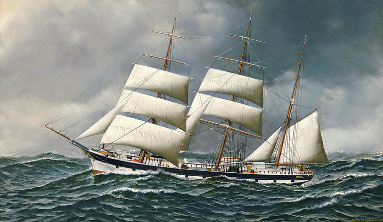 Painting of a boat on stormy seas with three large sails.