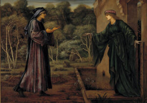 Painting of two people in conversation dressed in long robes.