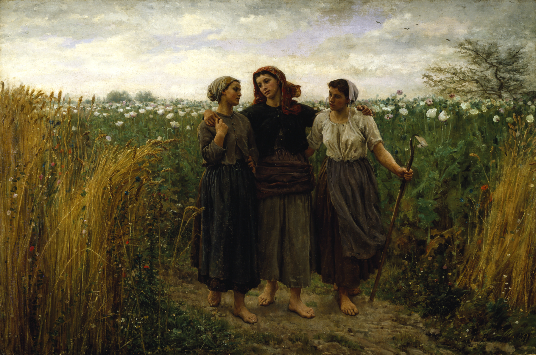 painting of three country girls in field 